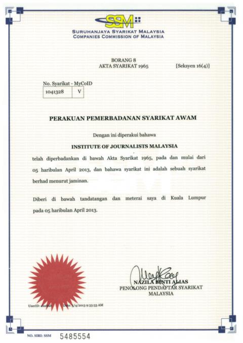 Certificate Of Incorporation Institute Of Journalists Malaysia